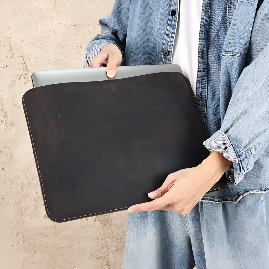 Brown genuine leather computer bag with horizontal laptop sleeve compartment