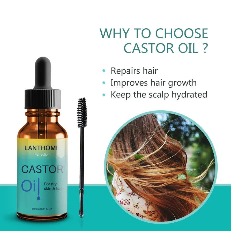 Lanthoma castor oil bottle with brush for eyebrows, eyelashes, and hair care