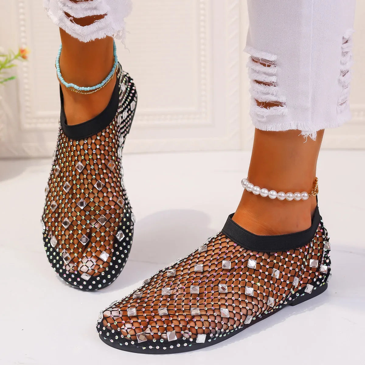 Women's colourful rhinestone mesh flat sandals with round toes and rubber soles