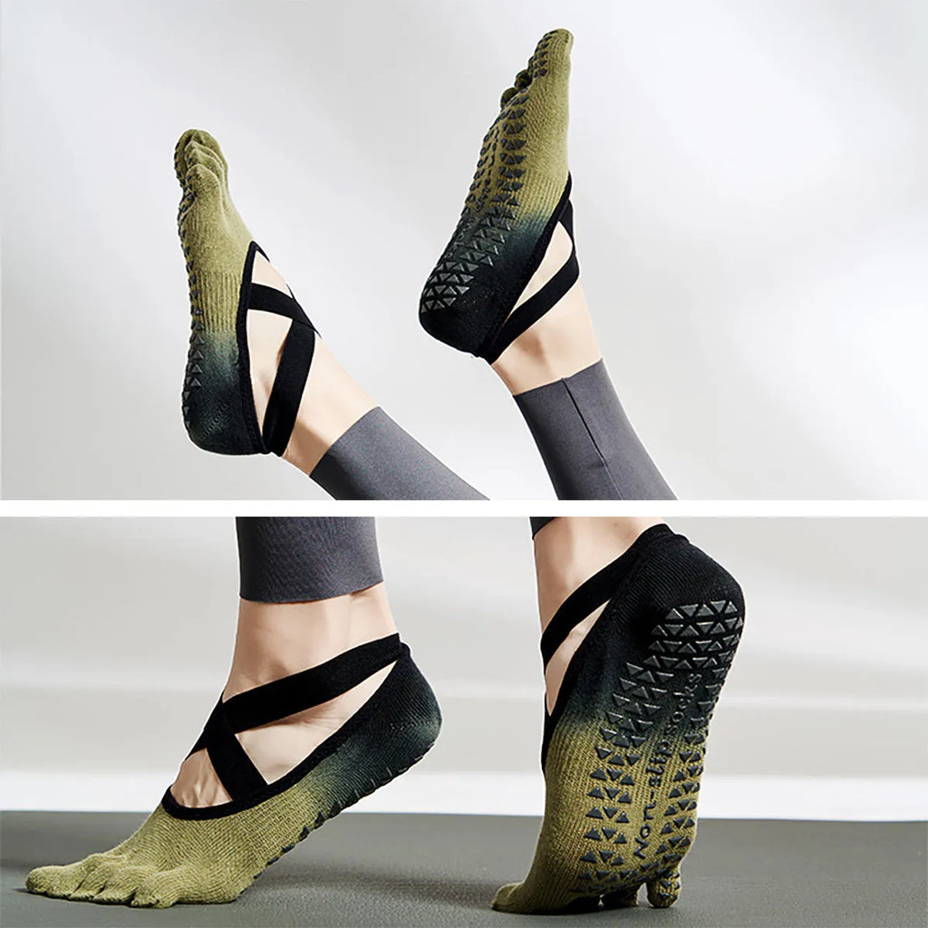 Grippy yoga socks for women and men, non-slip full toe, available in green, pink, purple, white, and black.
