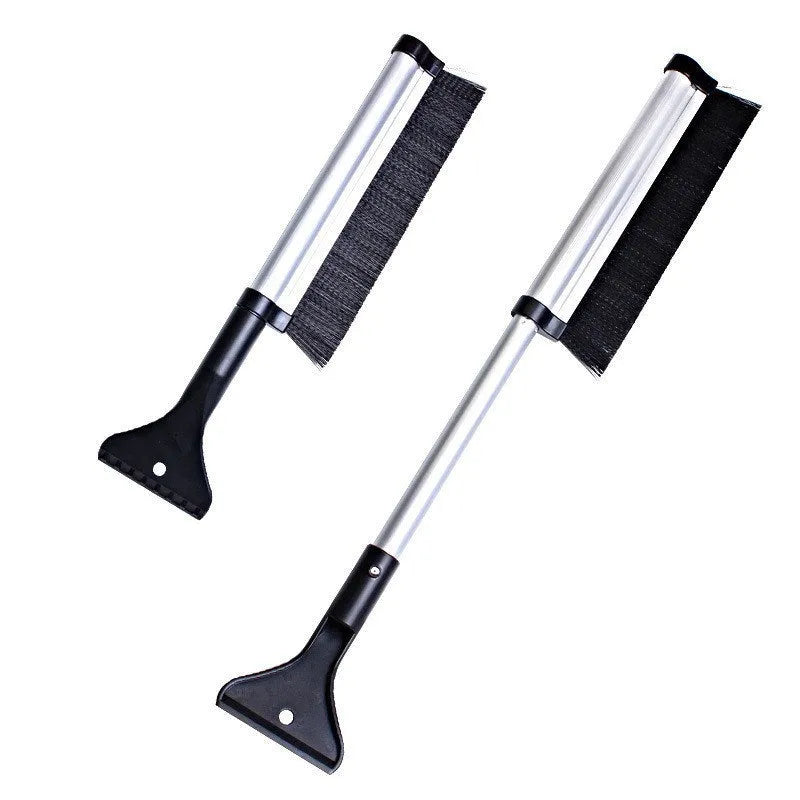 Silver telescopic snow brush and ice shovel on car windscreen, collapsed size 42.2cm, extended to 65cm