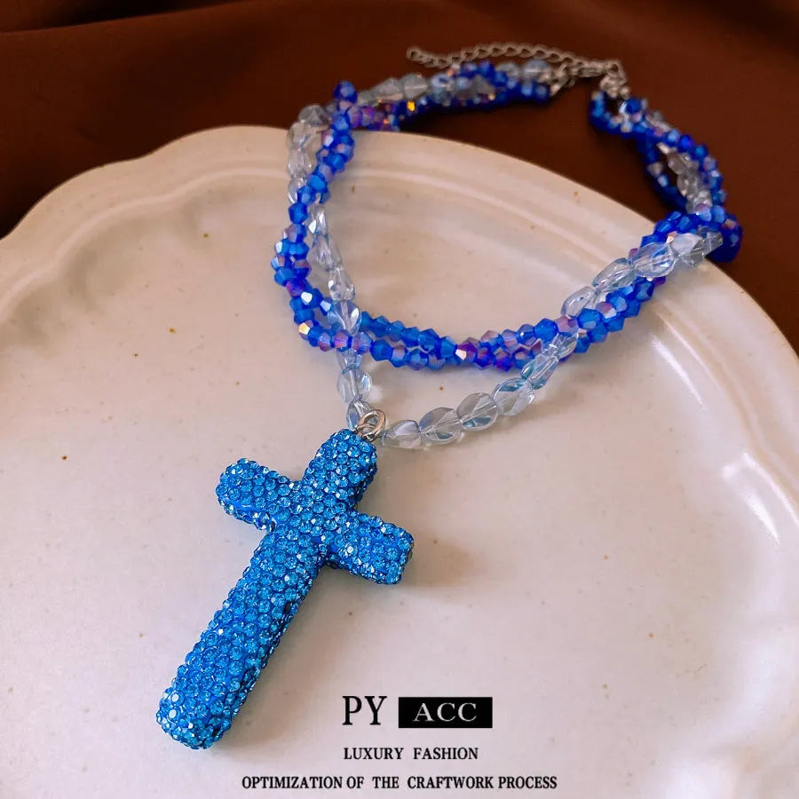 Multi-layer micro glass bead diamond-studded necklace in silver-blue with adjustable clavicle chain