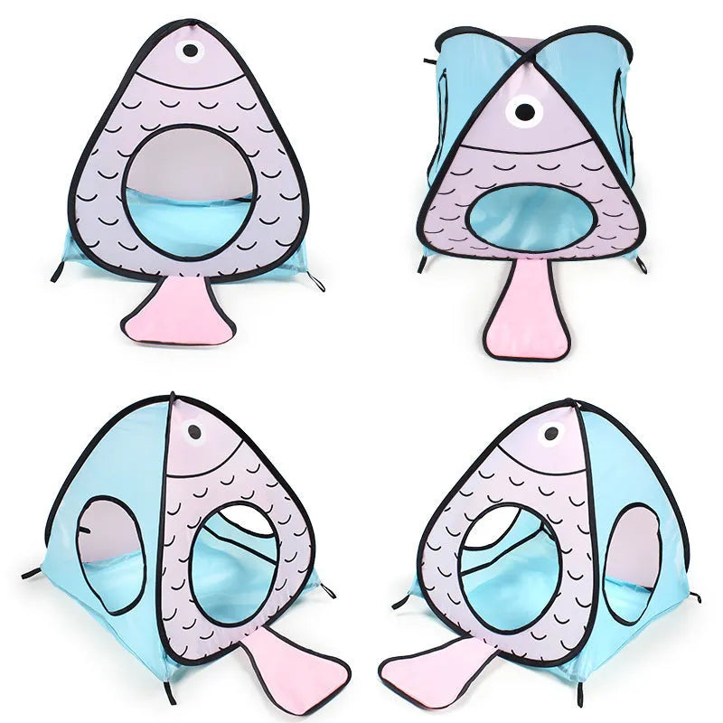 Foldable Cat and Fish design pet tent with connecting tunnel for indoor play