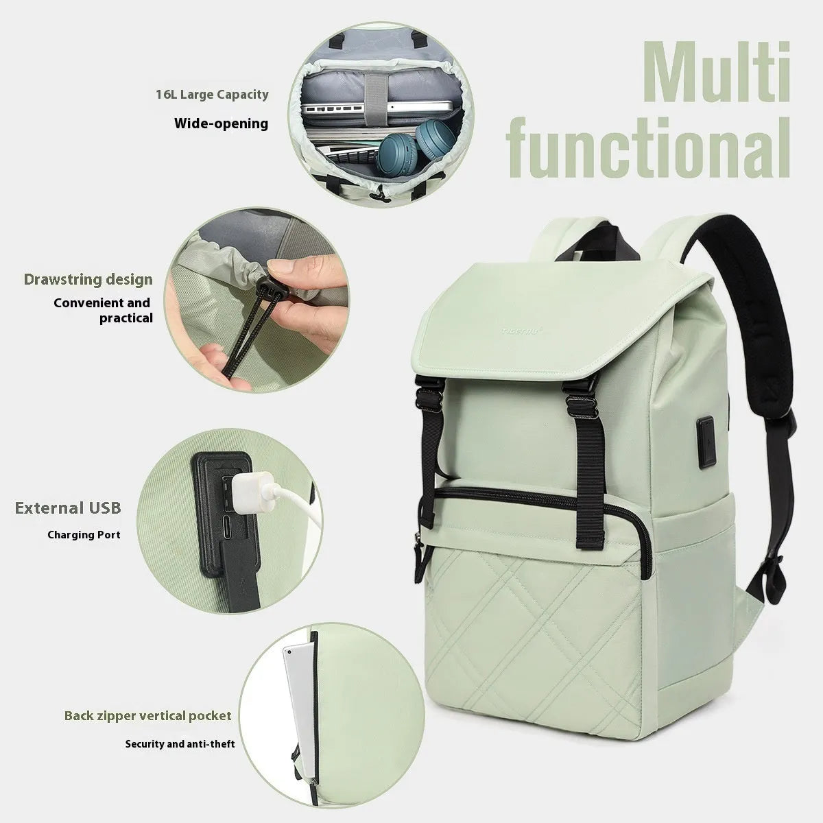 Light green Nylon school travel backpack with 15.6-inch laptop compartment and three-dimensional pockets