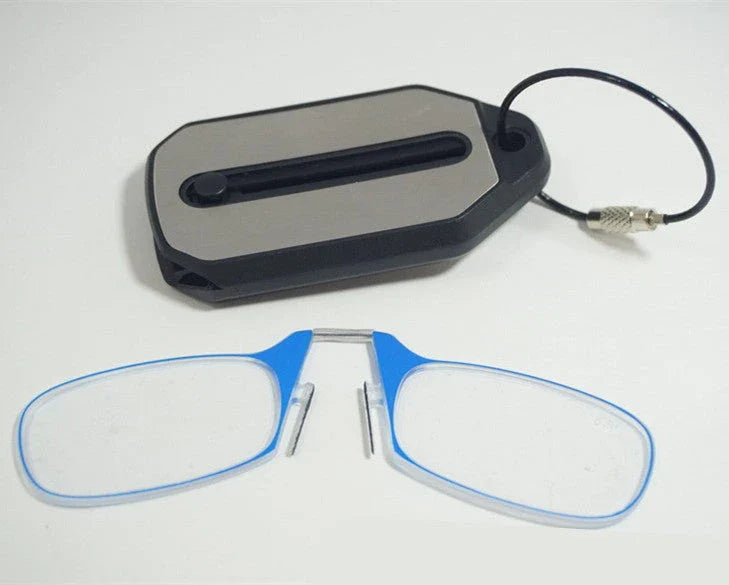 Compact magnetic reading glasses with rimless frames and adjustable nose clip