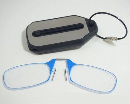 Compact magnetic reading glasses with rimless frames and adjustable nose clip