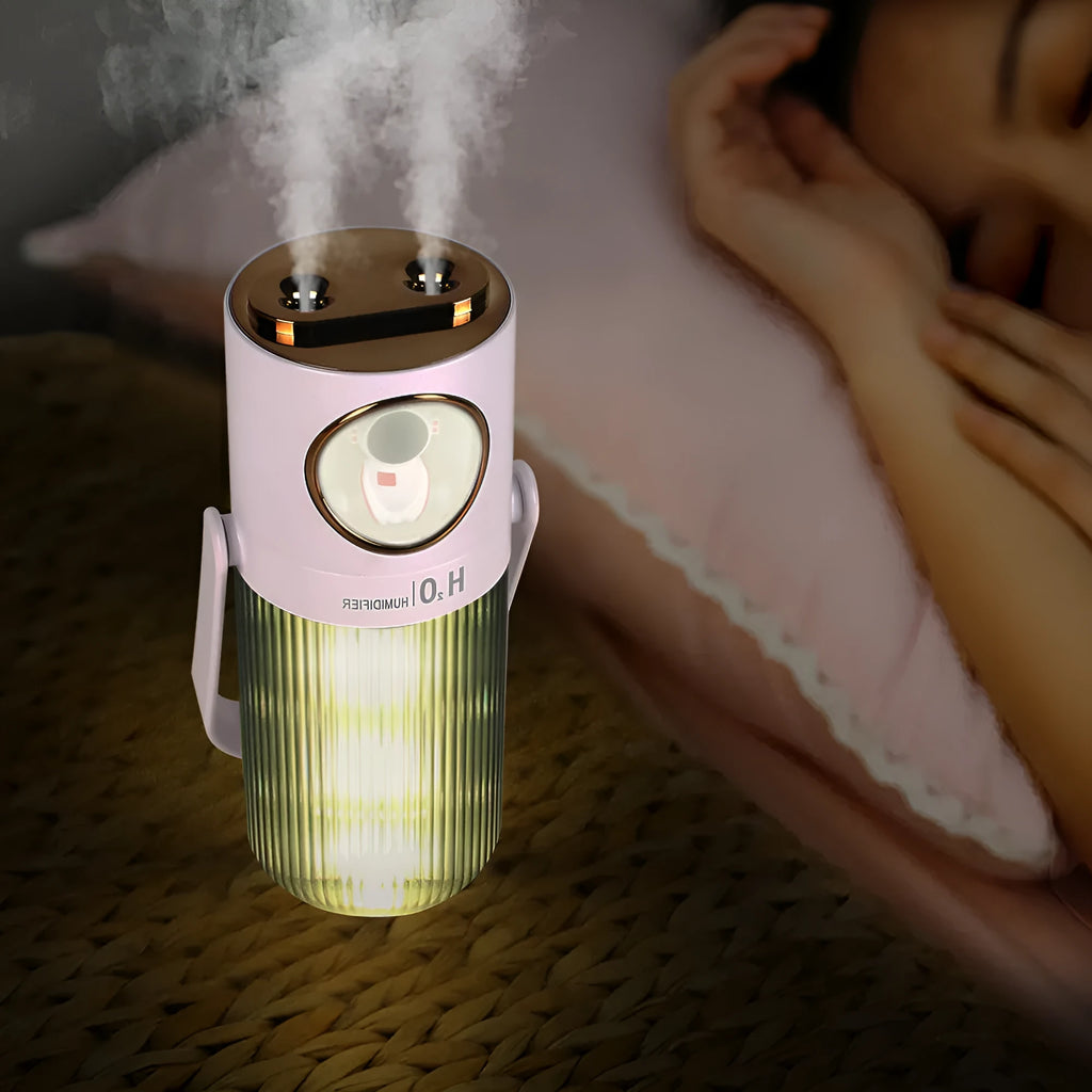 HOMEFISH 300ml cordless humidifier in dark grey with 2000mAh battery, compact 75x90x210mm size for bedroom use