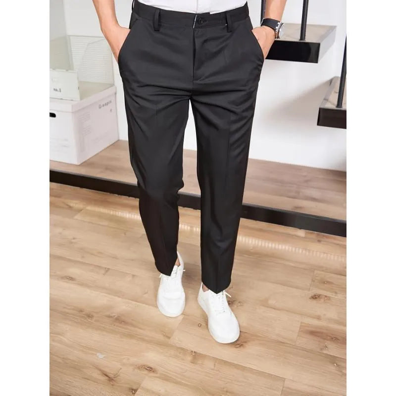 Men's straight high-waisted black casual pants in bamboo blend fabric, elastic waist, cropped leg