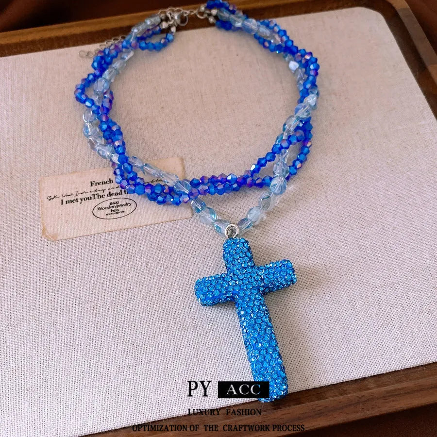 Multi-layer micro glass bead diamond-studded necklace in silver-blue with adjustable clavicle chain
