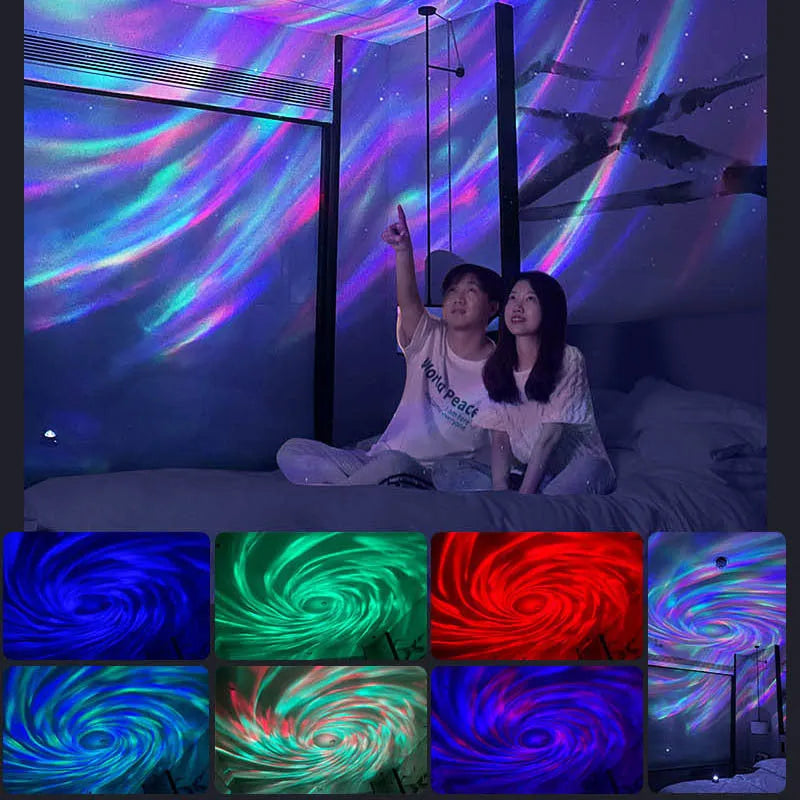 White swirl moon full star laser atmosphere lamp with remote control on a table