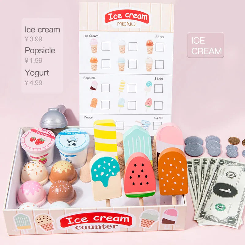 Wooden ice cream toy set for children with solid wood pieces and three colour options