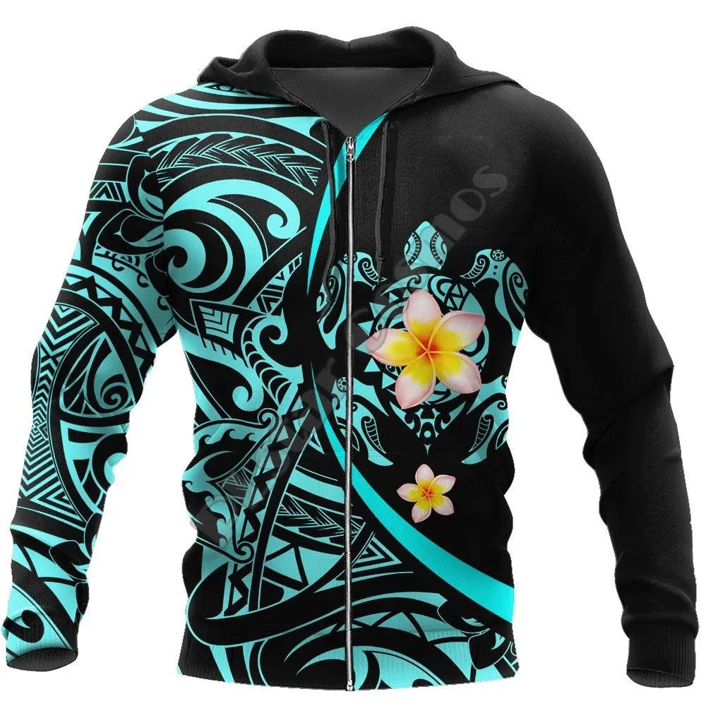 A loose fit 3D turtle print zipper hoodie in polyester with a front zipper and hood, available in multiple Asian sizes.