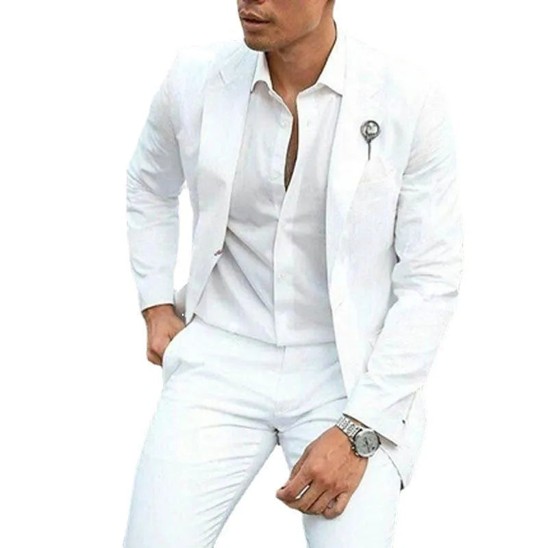 Men's white slim fit two-piece wedding suit with light business styling