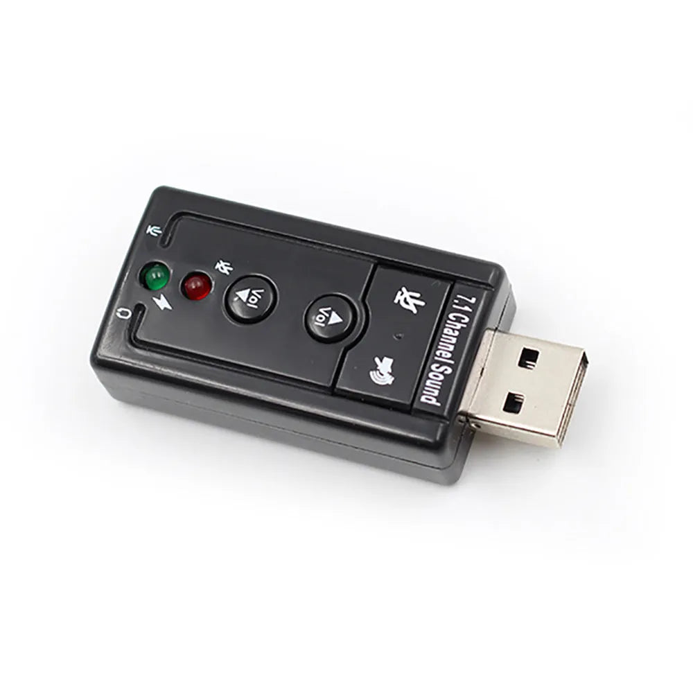 Black external USB sound card with 3.5mm headphone and microphone jacks for PC laptop computer audio adapter