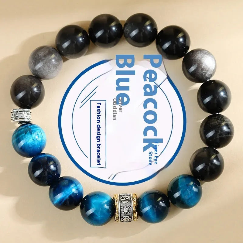 Handmade geometric bracelet with peacock blue Tigereye stone beads in ethnic style