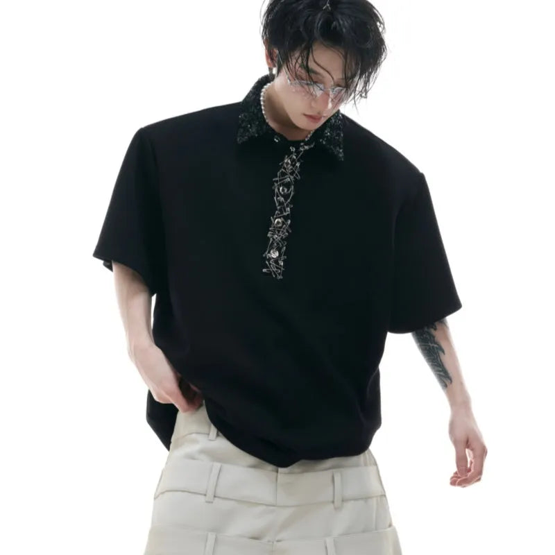 Men's loose fit polyester polo shirt with square collar, short sleeves and embroidery sequin decorative details