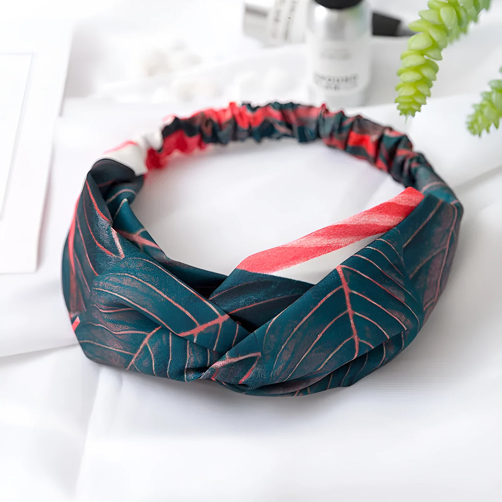 Red cloth women's headband with banana leaf cross pattern design for hair management