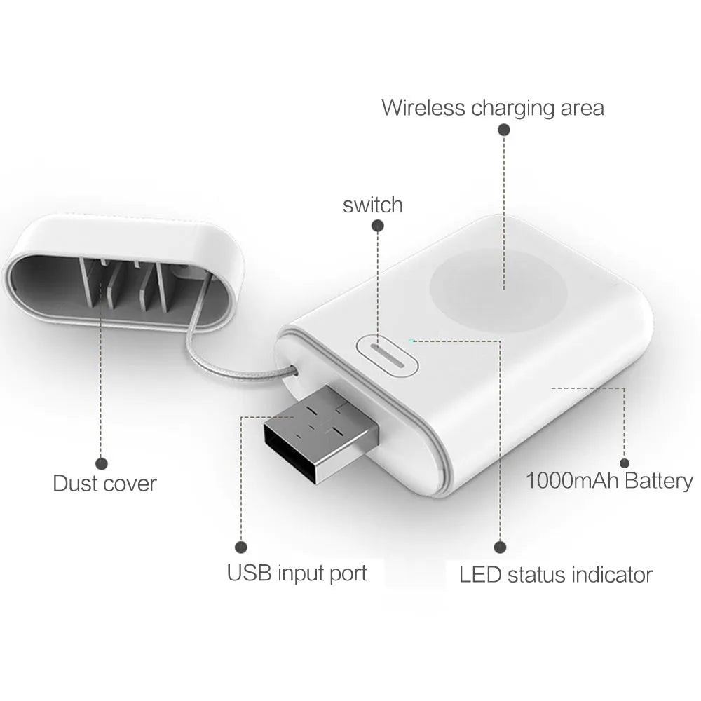White portable magnetic wireless charger for Apple Watch with 1000mAh capacity