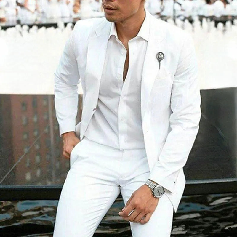 Men's white slim fit two-piece wedding suit with light business styling