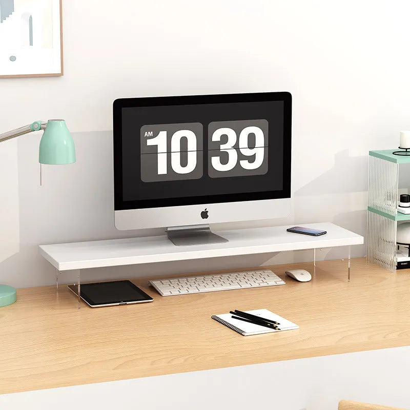 Wooden computer riser stand with acrylic upgrade legs, available in 40cm to 120cm lengths and black, white, wood, walnut or teak colours.