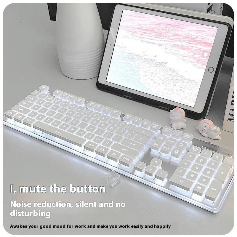 Wired mute computer keyboard with mechanical feel in Metal Black colour with blue backlighting on a desk.