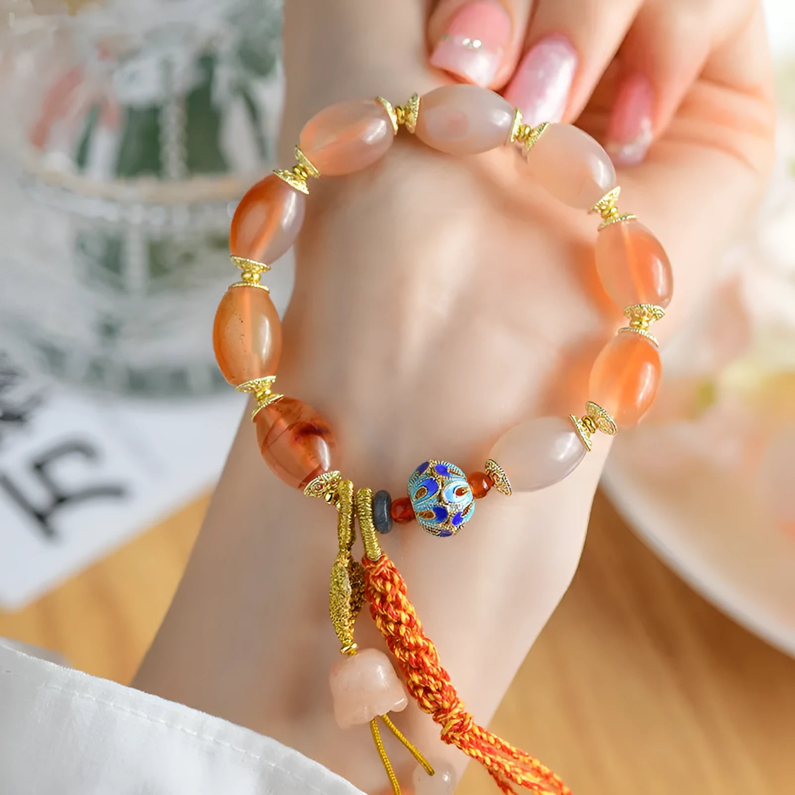 Jinsi Jade agate Tibetan bracelet with floral patterns in vintage ethnic style