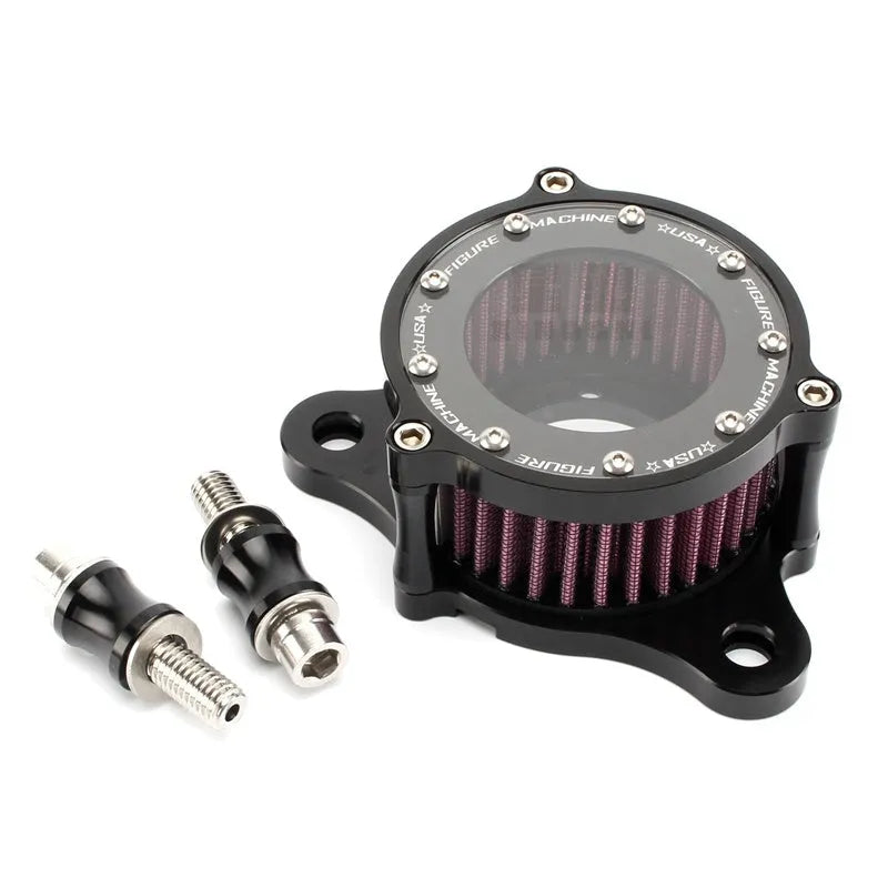 CNC aluminium motorcycle air filter with transparent glass housing for Harley Davidson models.