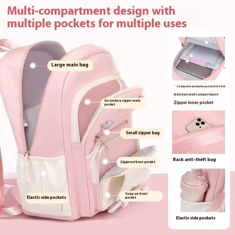 Waterproof pink school backpack for girls with curved straps and a matching pencil case.