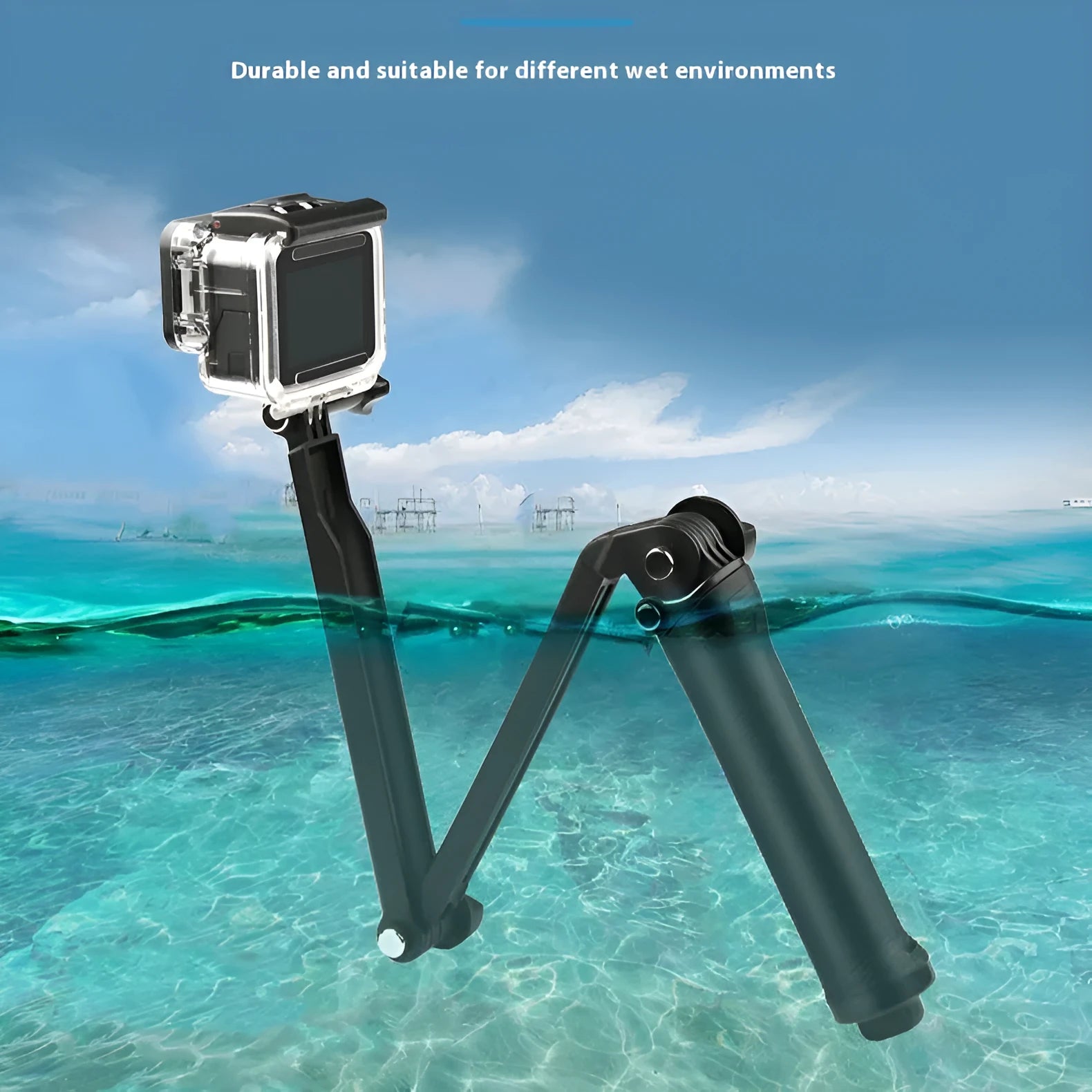 Black folding tripod bracket for GoPro Hero action cameras in collapsed position.