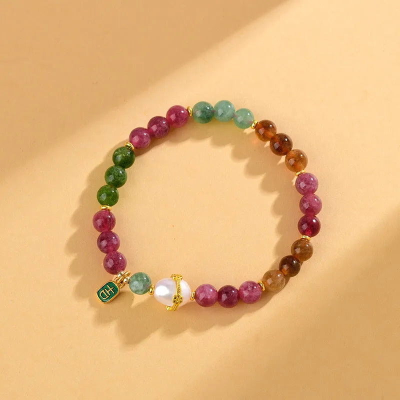 Chalcedony and tourmaline unisex crystal bracelet with 6.5mm geometry beads in colour Z054.