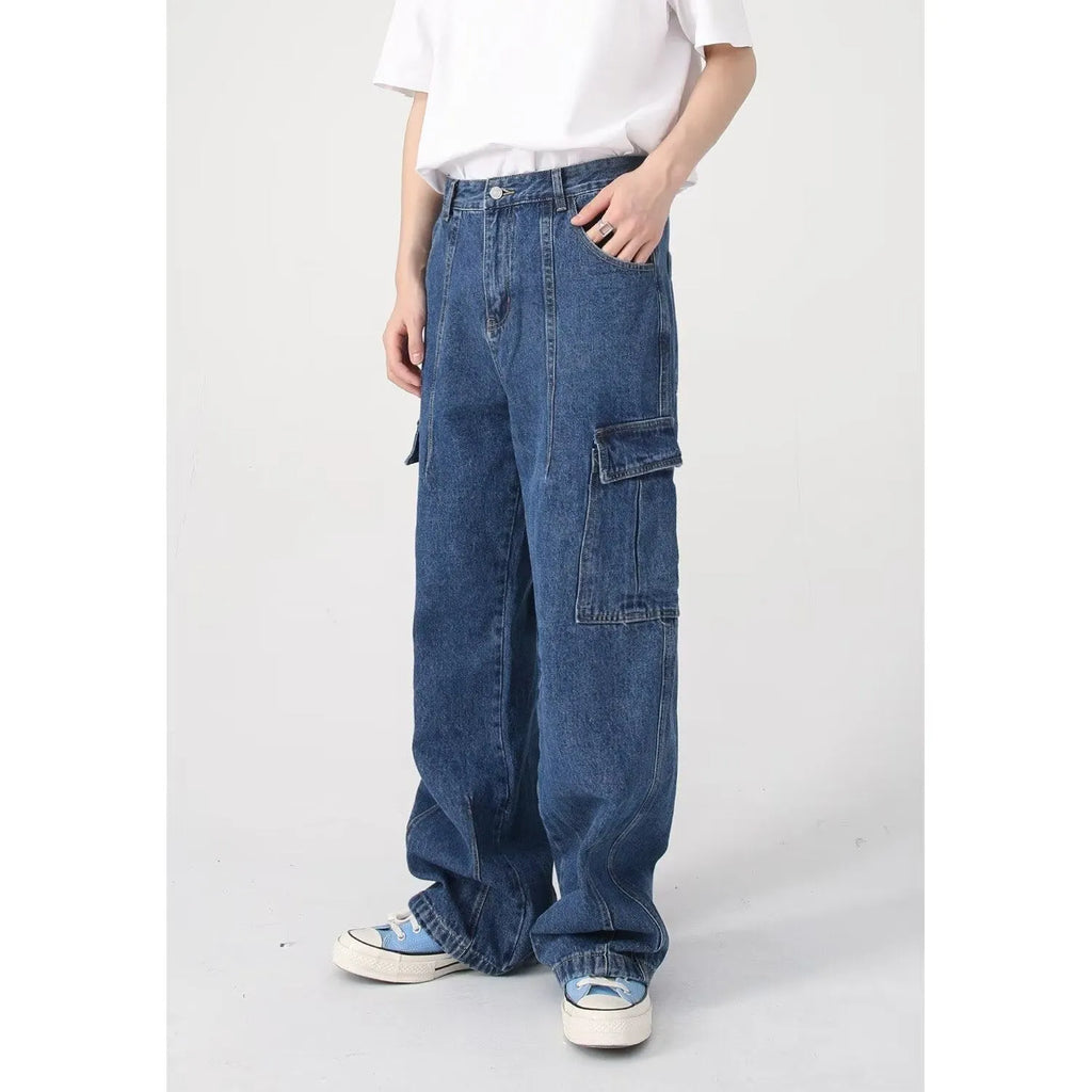 Loose straight-leg workwear jeans in non-stretch cotton denim, blue or black, sizes S to 3XL.