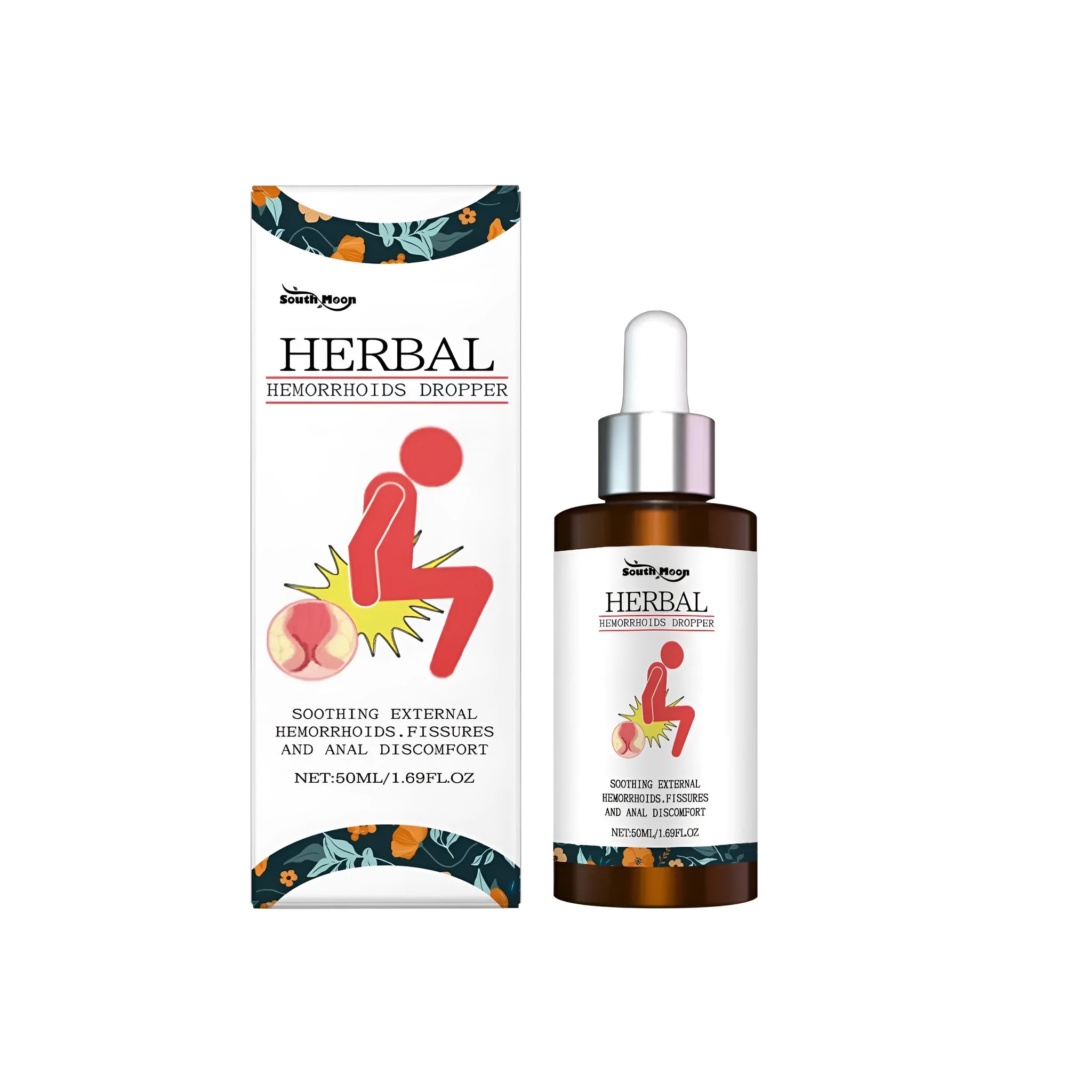 Herbal Hemorrhoids Dropper 50ml bottle with dropper cap, containing liquid with menthol and herbal extracts
