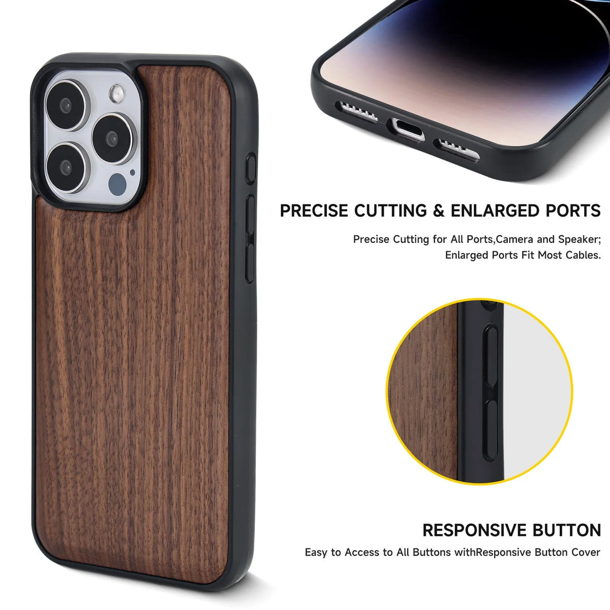Walnut solid wood iPhone 14 phone case with all-inclusive drop-resistant design and magnetic suction