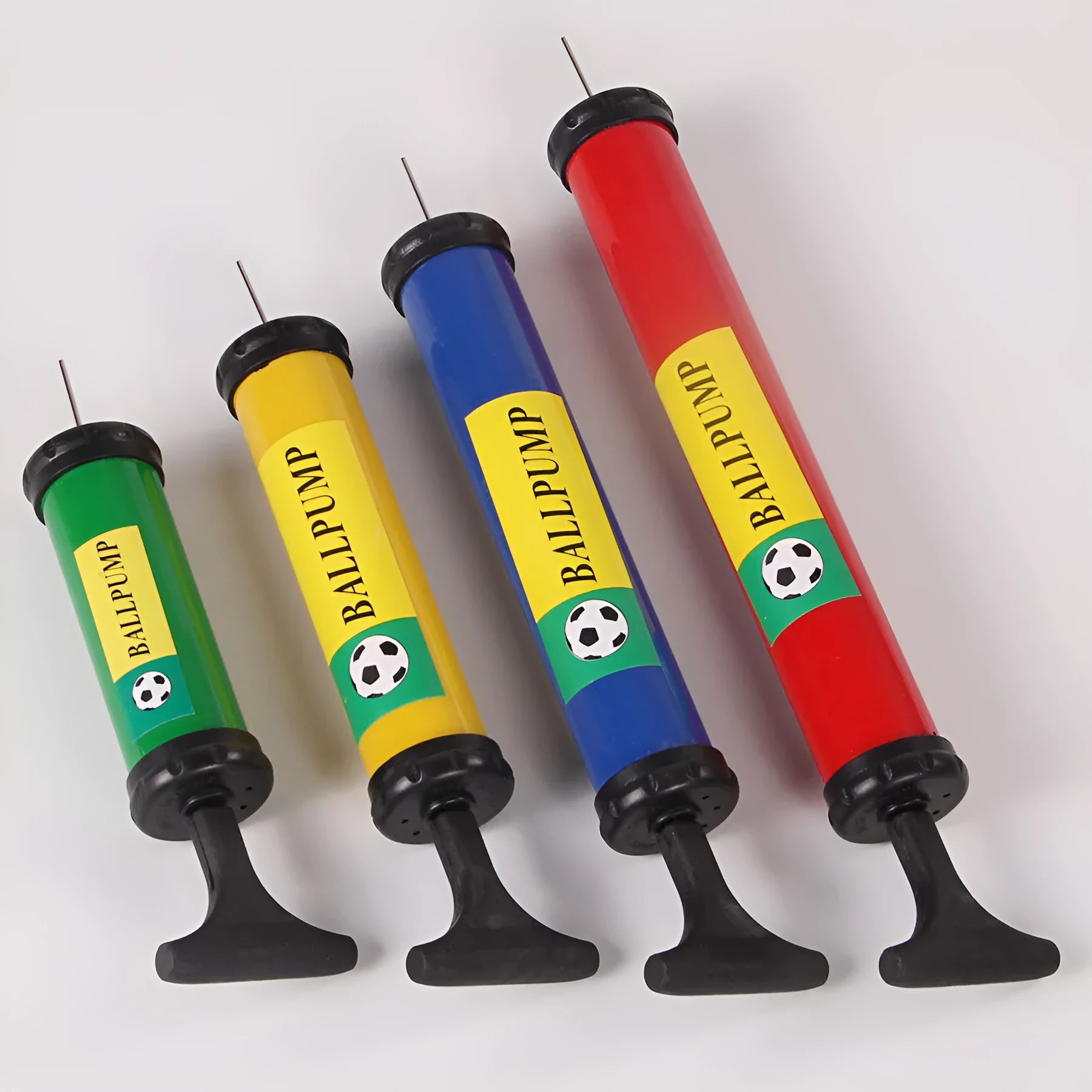 Manual plastic hand pump for inflating basketballs, footballs, volleyballs and balloons in mixed colour.