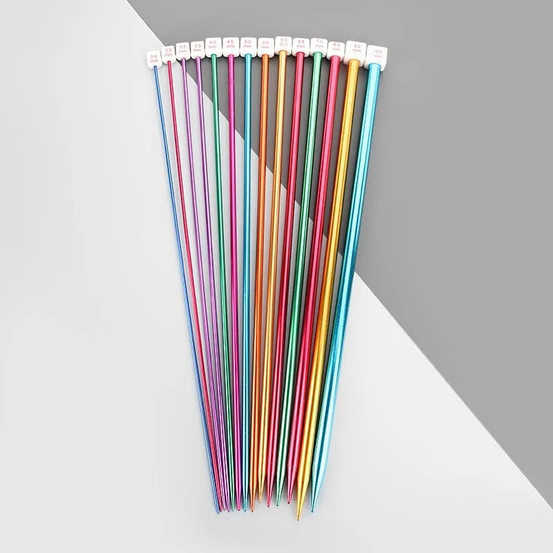 Aluminium lengthened crochet hook set showing multiple sizes with protective caps for knitting crafts