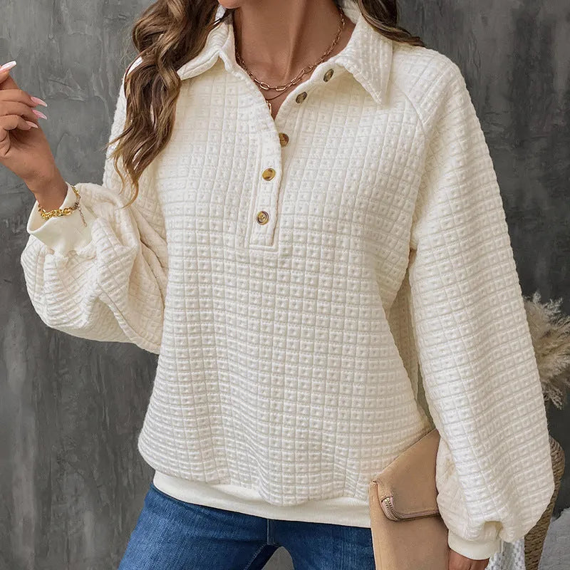Women's milky white polo collar polyester sweater with long sleeves