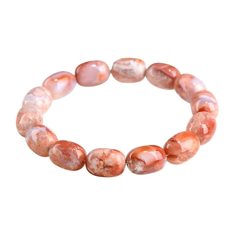 Natural cherry blossom colour agate barrel bead bracelet with Ruyi design elements