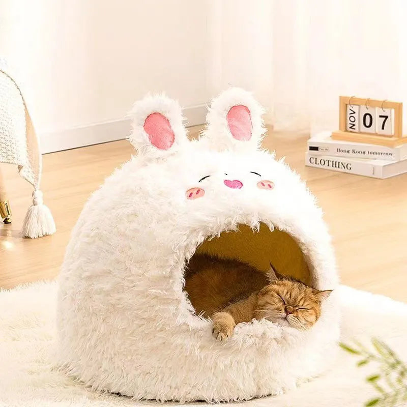 Semi-enclosed cat litter kennel tent with flannel lining and removable lid in an animal print.