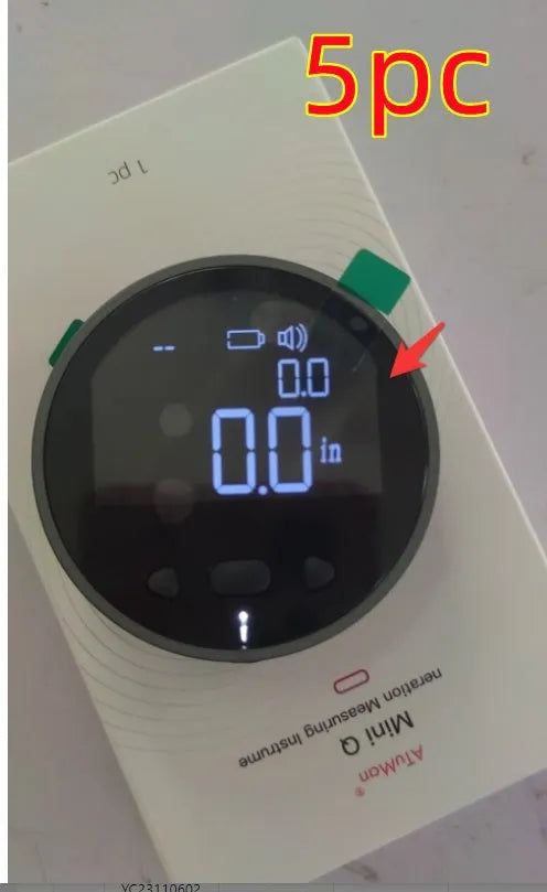 Black electronic measuring ruler with LCD screen, 53mm diameter, 35g, aluminium alloy and silicone body.