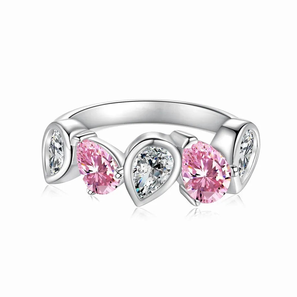 S925 sterling silver zircon ring with water drop pear-shaped stitched design, women's sizes 6-9