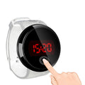 Round LED electronic watch with 11mm case, glass mirror, alloy base, and PU strap in white or black