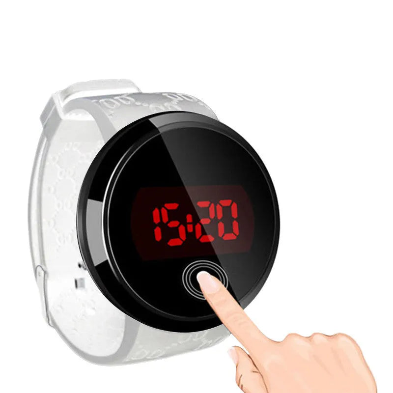 Round LED electronic watch with 11mm case, glass mirror, alloy base, and PU strap in white or black