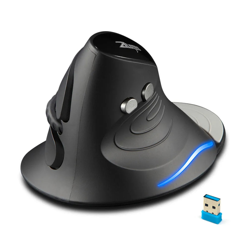 Vertical snail-type ergonomic wired mouse in black with 6 buttons, USB cable, and DPI indicator