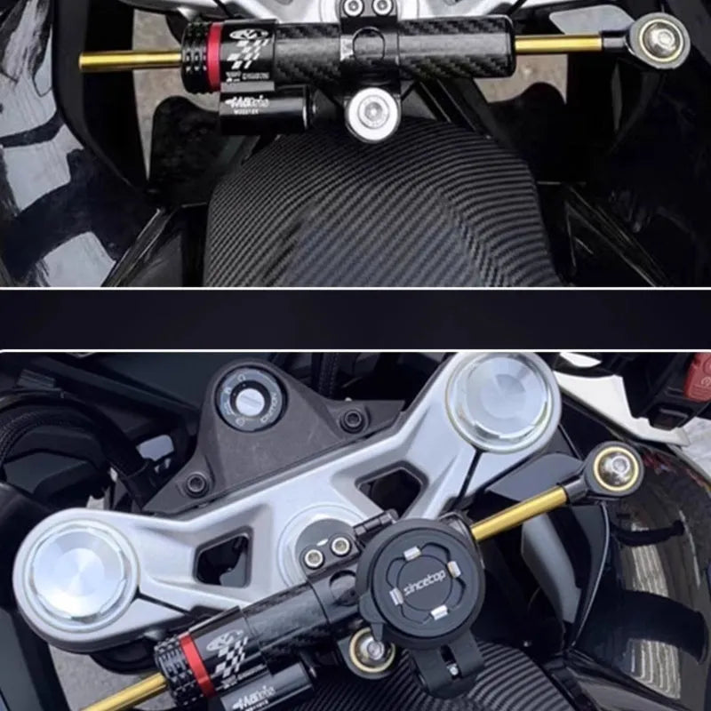 Directional damper bracket for CFMoto 450SR motorcycle with carbon fibre finish and adjustment gear.