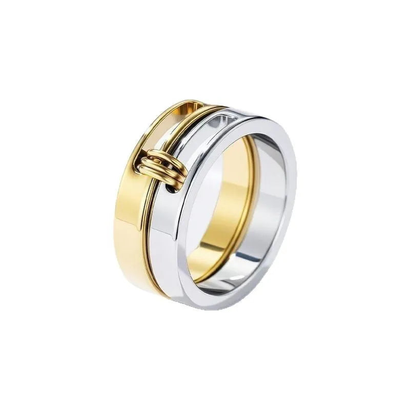 Gold double-layer twin ring made of titanium steel on a plain background