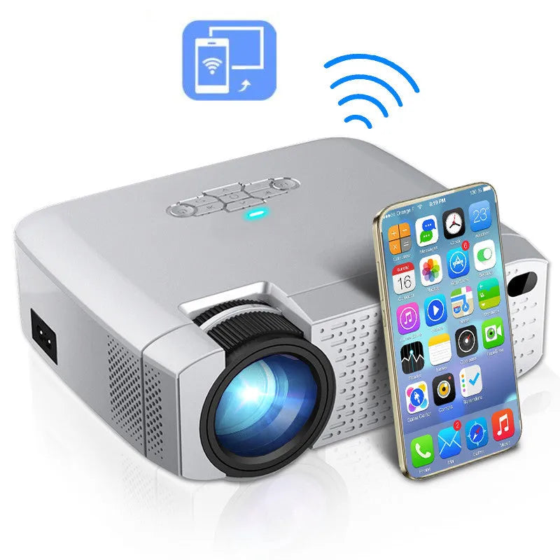 AUN D40W white mini LED projector with WiFi mirroring, USB port, and built-in speaker for home cinema