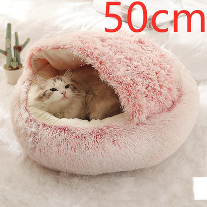 A soft, plush pet bed in various colors, including olive green, brown, pink, and grey, designed for the comfort and relaxation of cats and dogs.