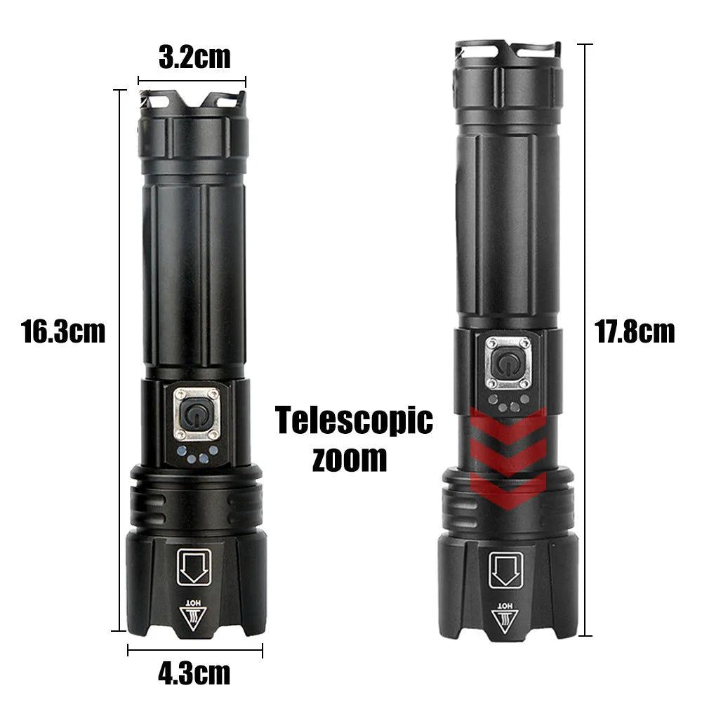 Telescopic zoom USB rechargeable LED flashlight in aluminium alloy, 16.3cm to 17.8cm, with USB cable and battery options