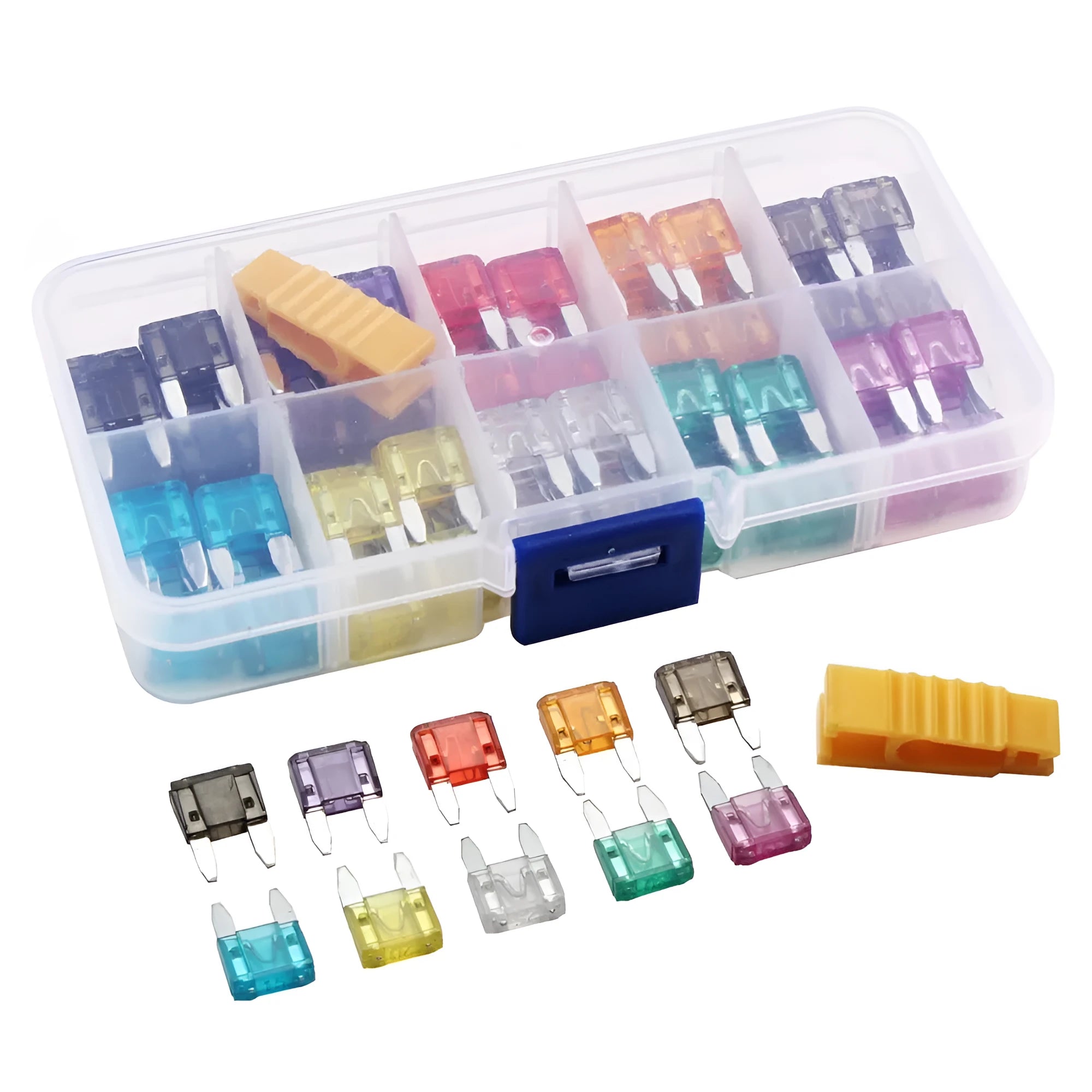 120 small car fuses in assorted colours, blade-style insert type for 24V automotive use