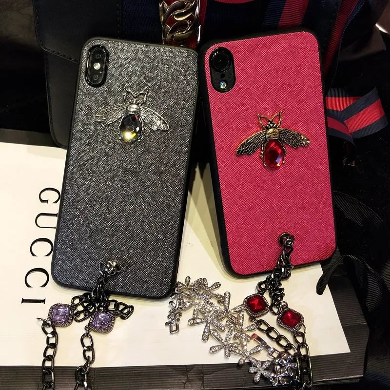 Rhinestone bee phone case with gemstone bracelet in red, green, or silver grey for Apple iPhone models